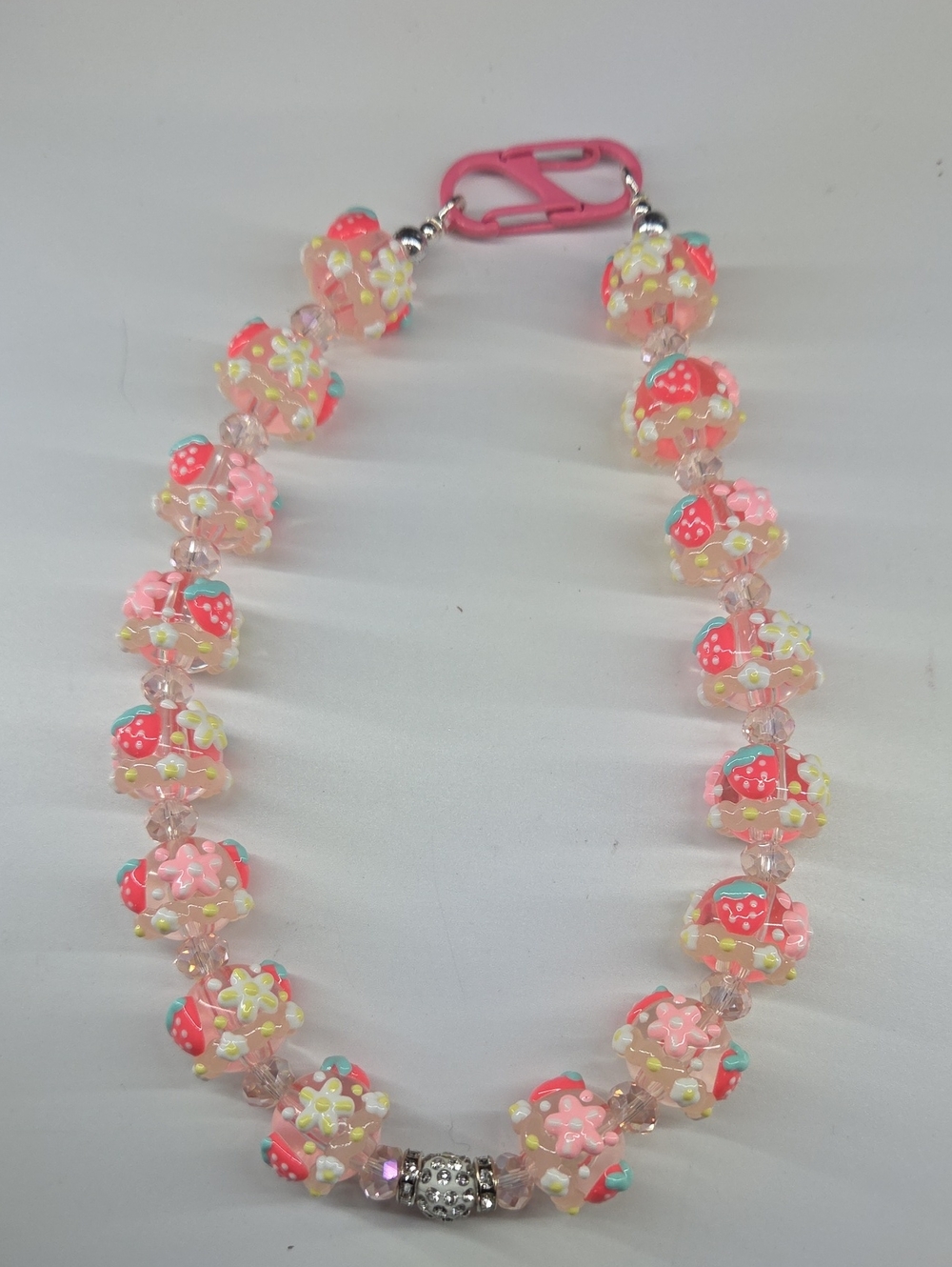 Pink Floral Hand Painted Beaded Chain - Great Bag Purse Or Keychain